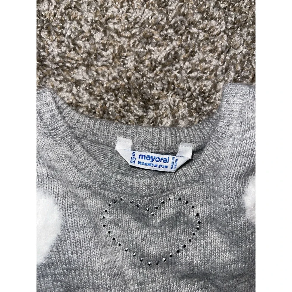 Mayoral Glitter & Fuzzy Hearts‎ Ruffle Sweater Gray Toddler Little Girl Size 5